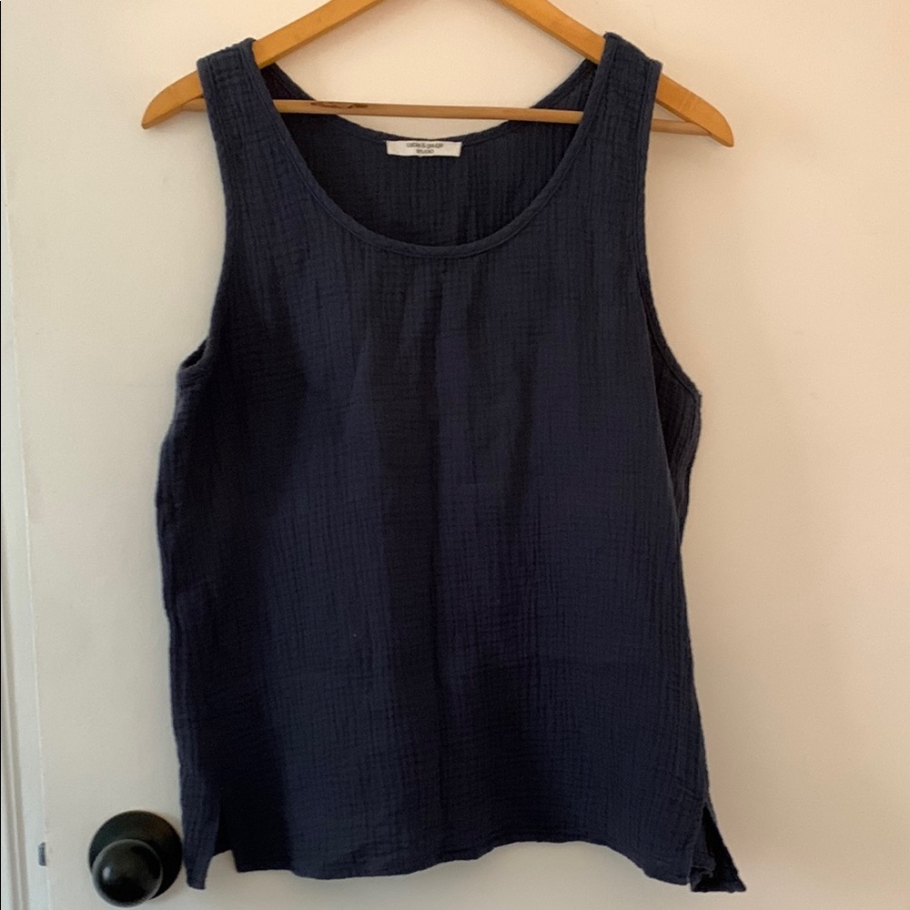 Navy blue cotton gauze sleeveless top, size L